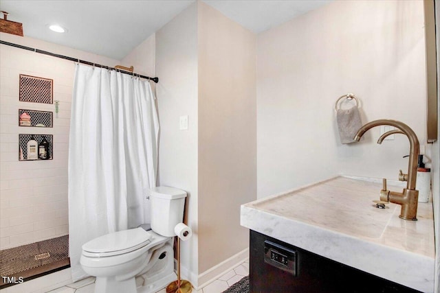 bathroom with toilet, walk in shower, and tile patterned flooring