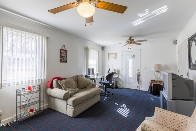 living room with ornamental molding