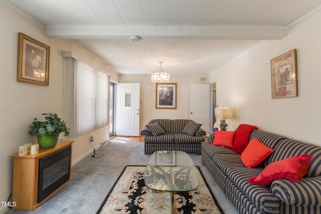 living room with carpet flooring, beamed ceiling, and an inviting chandelier