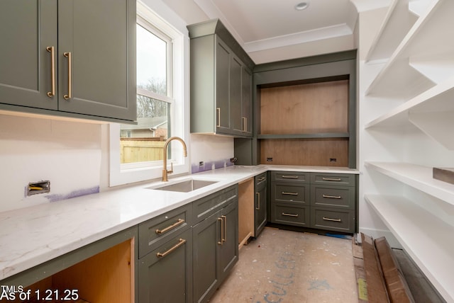 interior space featuring open shelves and a sink