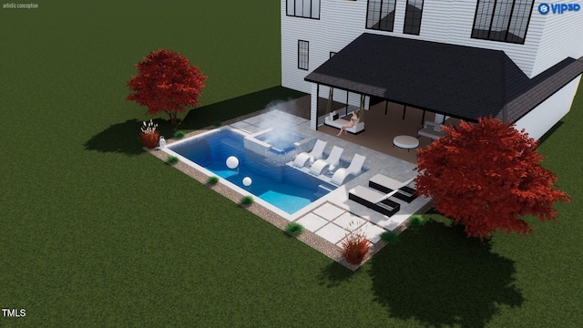 outdoor pool featuring a patio area and a lawn