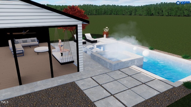 view of pool with a water view, outdoor lounge area, a wooded view, and an in ground hot tub