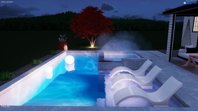 pool at twilight with a patio area, a fenced backyard, and an outdoor pool