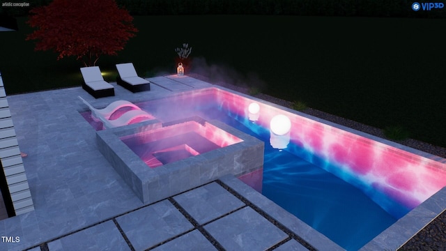 pool at night featuring a patio and a pool with connected hot tub