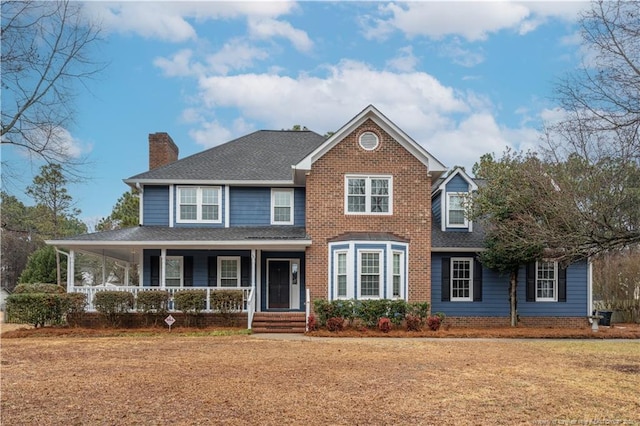 view of front facade featuring covered porch and a front lawn