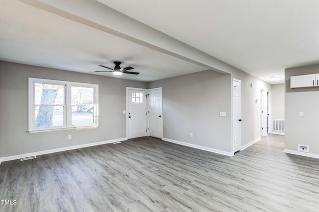 unfurnished living room with light hardwood / wood-style floors and ceiling fan