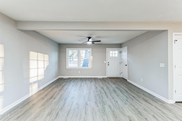 unfurnished living room with ceiling fan and light wood-type flooring