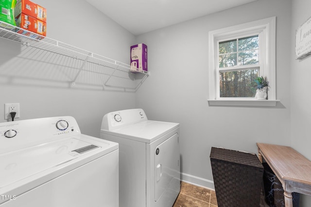 laundry area with washer and clothes dryer and dark tile patterned floors