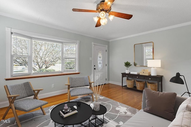 living room with ceiling fan, wood-type flooring, ornamental molding, and a textured ceiling