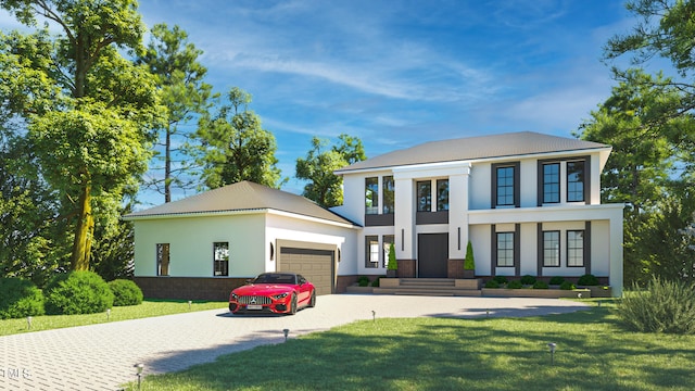 view of front of property featuring a garage, a front yard, decorative driveway, and stucco siding