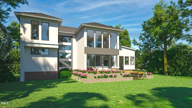 back of house with a lawn and stucco siding