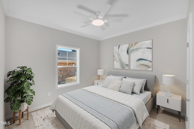 bedroom featuring ceiling fan, light colored carpet, and crown molding