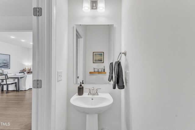 bathroom with wood-type flooring and sink