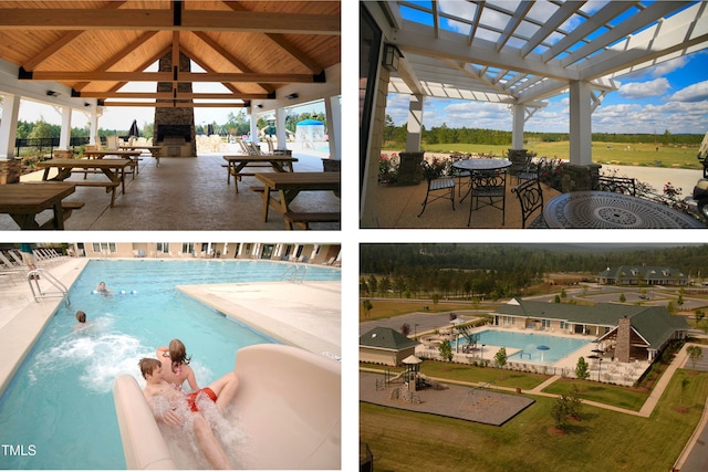 view of swimming pool featuring a patio area, a gazebo, and an outdoor stone fireplace