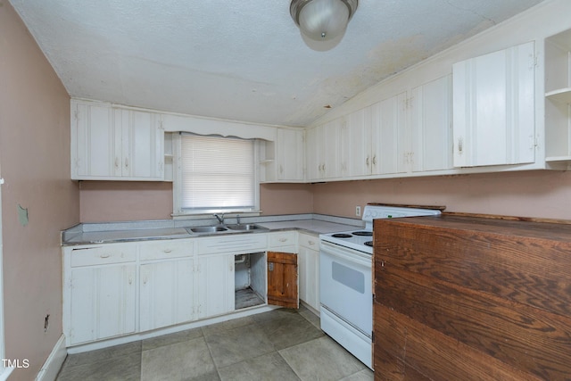 kitchen with sink, white cabinetry, white electric range oven, and a textured ceiling