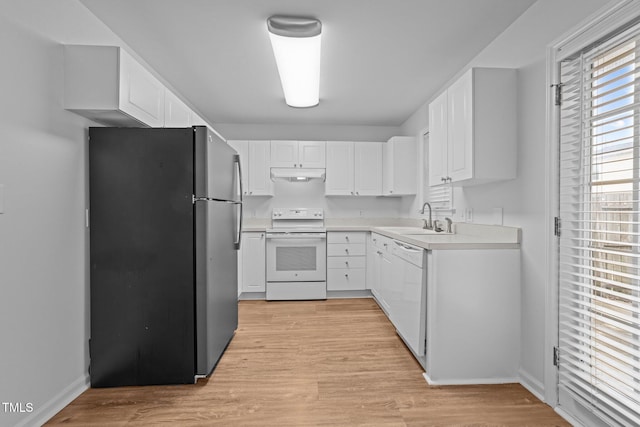 kitchen featuring sink, white cabinetry, white appliances, and light hardwood / wood-style flooring