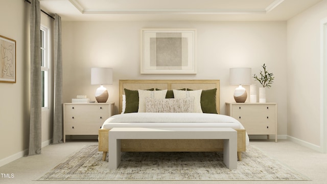 bedroom with light colored carpet and a tray ceiling