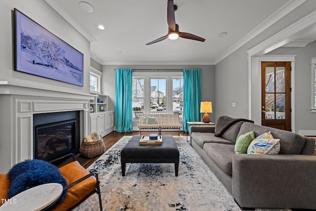 living room featuring ceiling fan, ornamental molding, and hardwood / wood-style floors