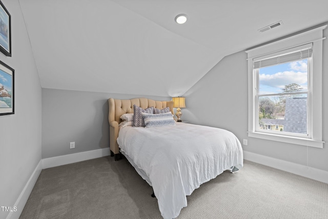 bedroom featuring carpet floors and vaulted ceiling