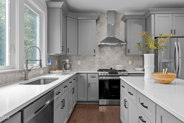 kitchen featuring appliances with stainless steel finishes, sink, gray cabinetry, wall chimney range hood, and decorative backsplash