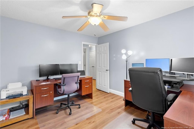 office area with ceiling fan and light hardwood / wood-style flooring