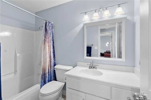 full bathroom with toilet, a textured ceiling, shower / bathtub combination with curtain, and vanity