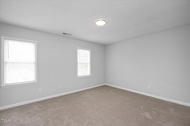 unfurnished room with carpet and a textured ceiling