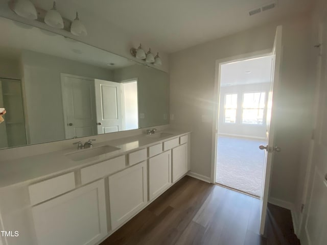 bathroom featuring hardwood / wood-style flooring and vanity