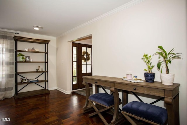 office area with ornamental molding and dark hardwood / wood-style flooring