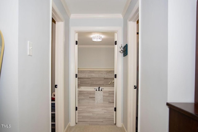 corridor with crown molding and light colored carpet