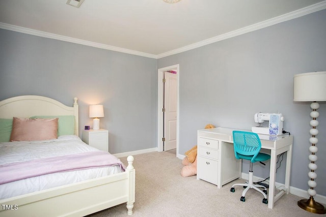 carpeted bedroom featuring ornamental molding