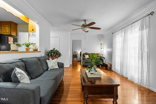 living room featuring ornamental molding, light hardwood / wood-style floors, and ceiling fan