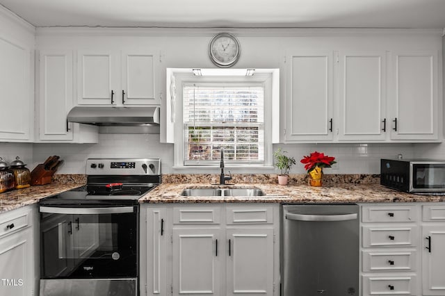 kitchen featuring sink, white cabinetry, decorative backsplash, and appliances with stainless steel finishes