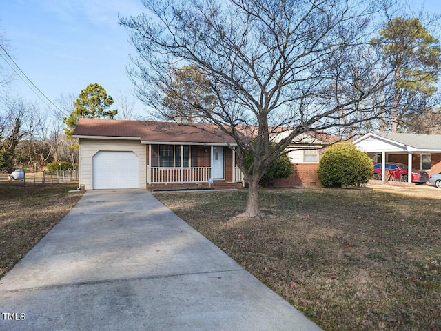 ranch-style home with a garage, a front yard, and a porch