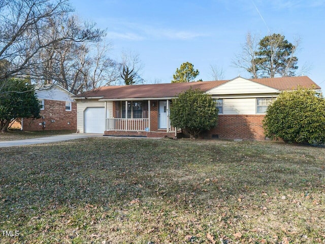 ranch-style home featuring a garage, a front yard, and a porch