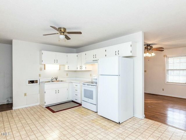 kitchen featuring white cabinetry, sink, ceiling fan, and white appliances