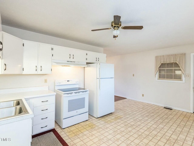 kitchen featuring ceiling fan, white appliances, sink, and white cabinets