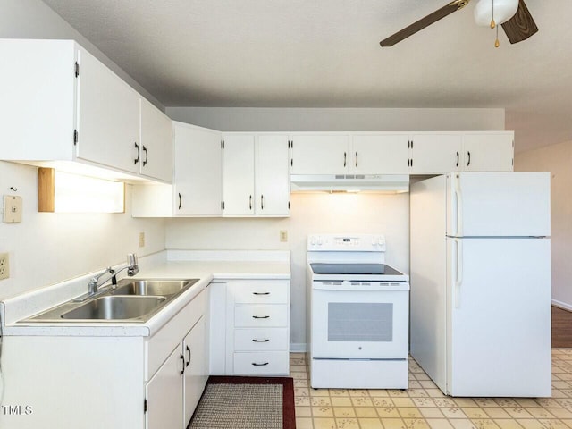 kitchen with white cabinetry, sink, white appliances, and ceiling fan