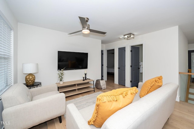 living room featuring ceiling fan and light wood-type flooring