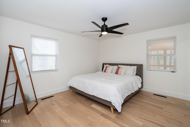 bedroom featuring ceiling fan and light hardwood / wood-style flooring