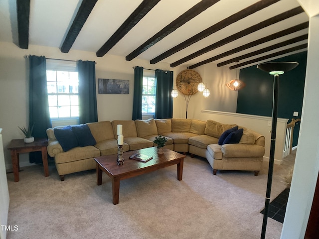 carpeted living room featuring beam ceiling