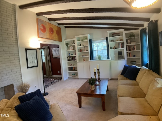 living room featuring light colored carpet and lofted ceiling with beams