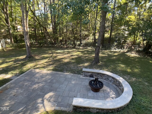 view of yard with a patio area and an outdoor fire pit