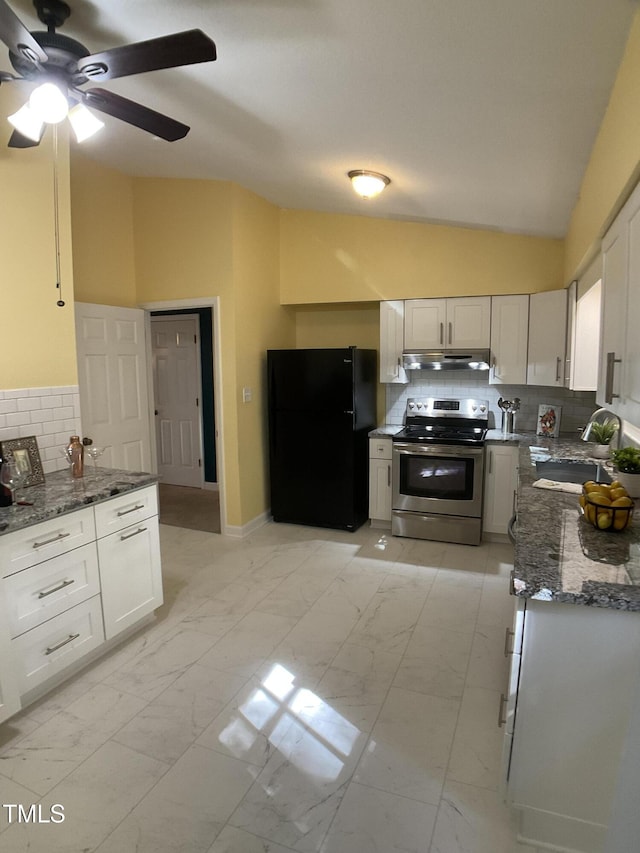 kitchen featuring white cabinets, decorative backsplash, stainless steel range with electric cooktop, and black fridge