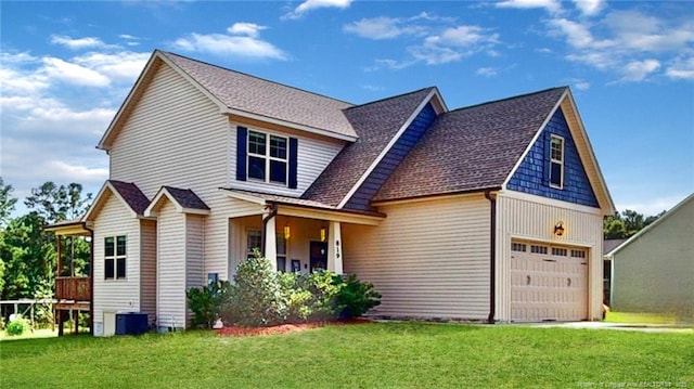 view of front of property with a front lawn and central air condition unit