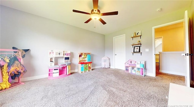 game room featuring ceiling fan and carpet flooring