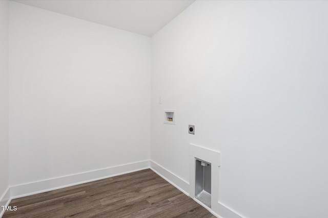 clothes washing area with electric dryer hookup, washer hookup, and dark wood-type flooring