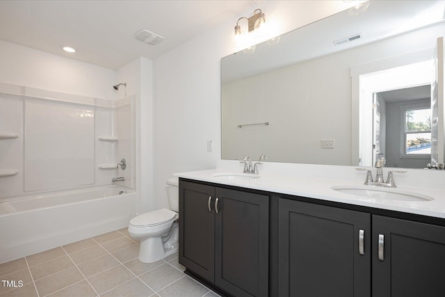 full bathroom featuring shower / tub combination, tile patterned floors, toilet, and vanity