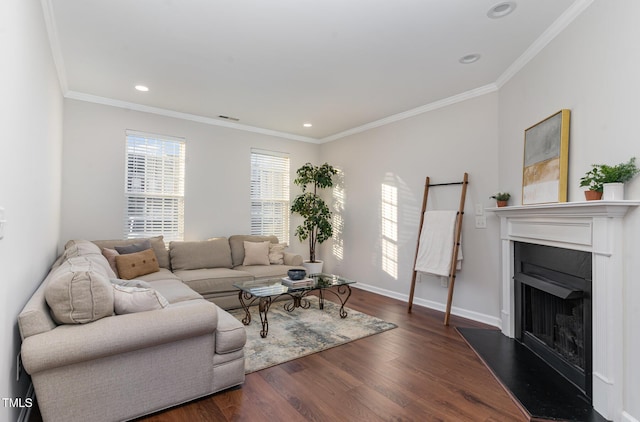 living room with dark hardwood / wood-style flooring and crown molding