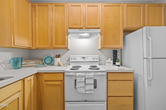 kitchen with white appliances and light brown cabinetry